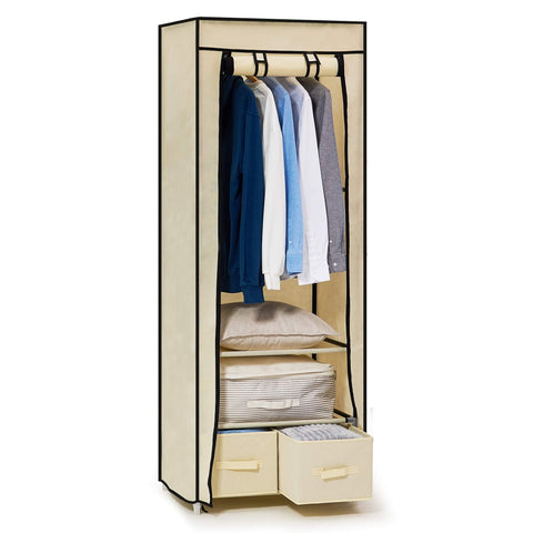 Single Canvas Wardrobe with 2 Drawers and Hanging Rail 160 x 59 x 43CM