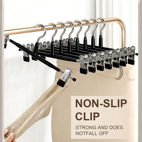 Supmaker 10 Pack Chrome Trouser Hanger,Heavy Duty Metal Pants Hangers, Skirt Hangers with Non-Slip Adjustable Clips,Space Saving Clothes Jeans