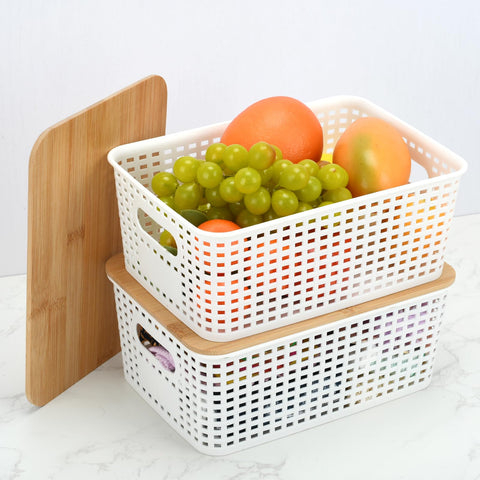LYHLYA Stackable Storage Bins with Bamboo Lids, 6-Pack, BPA-Free Plastic, 5.1 Qt Capacity, Side Handle, 10x7.2x4.13 Inch, for Home Organization