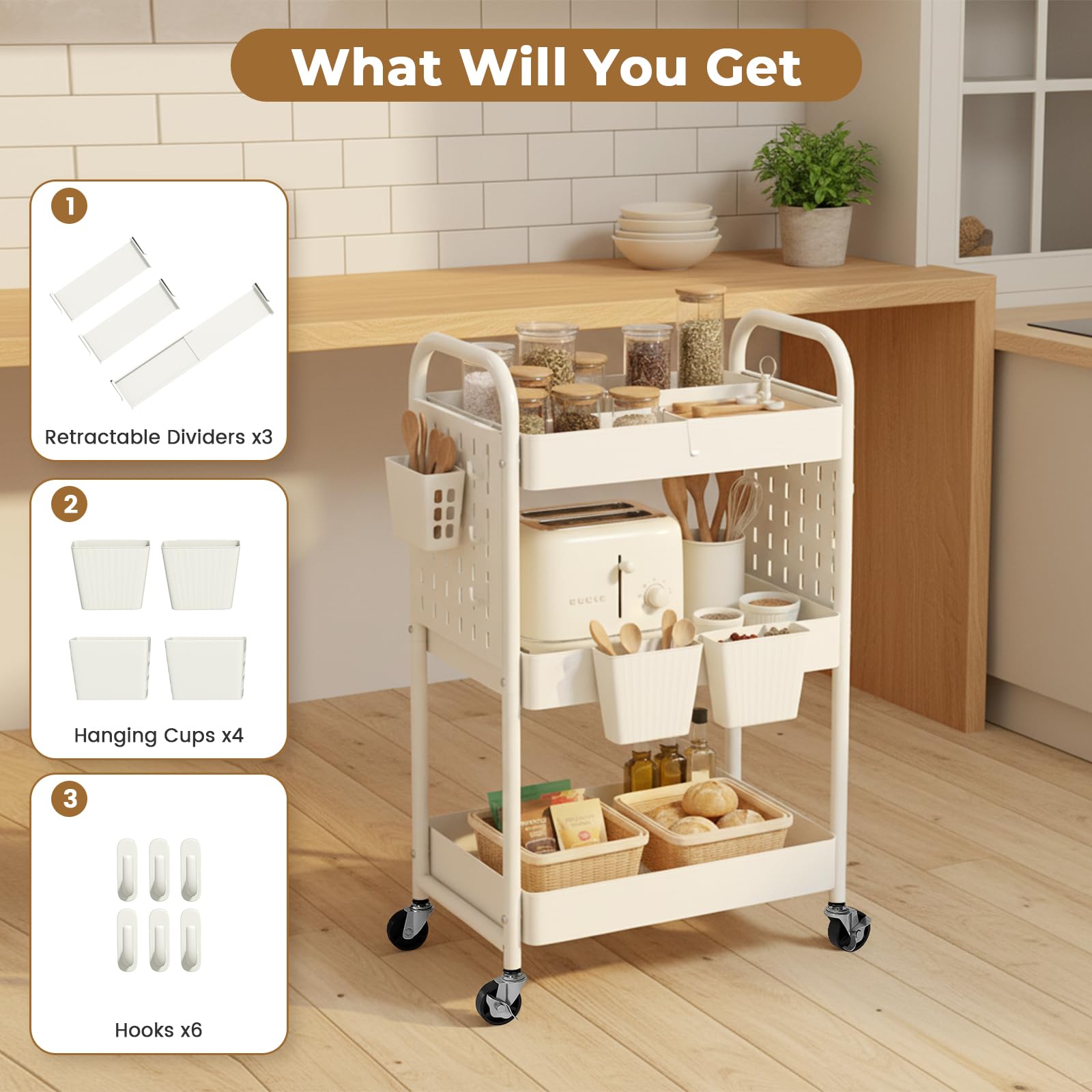 danpinera 3 Tier Rolling Cart, Metal Utility Cart with DIY Pegboard, Rolling Carts with 3 Dividers