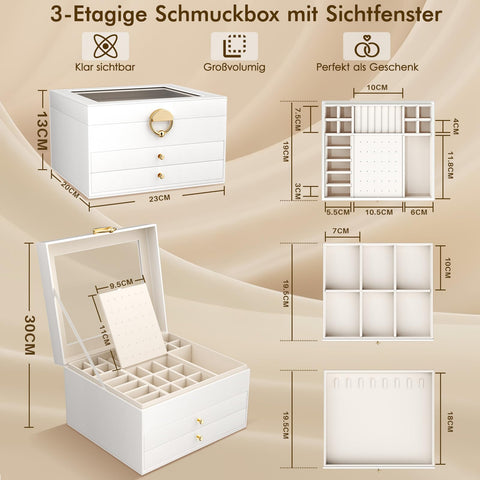 Large Jewellery Box, 4-layer 3 Drawer Jewelry organiser, Cloud White