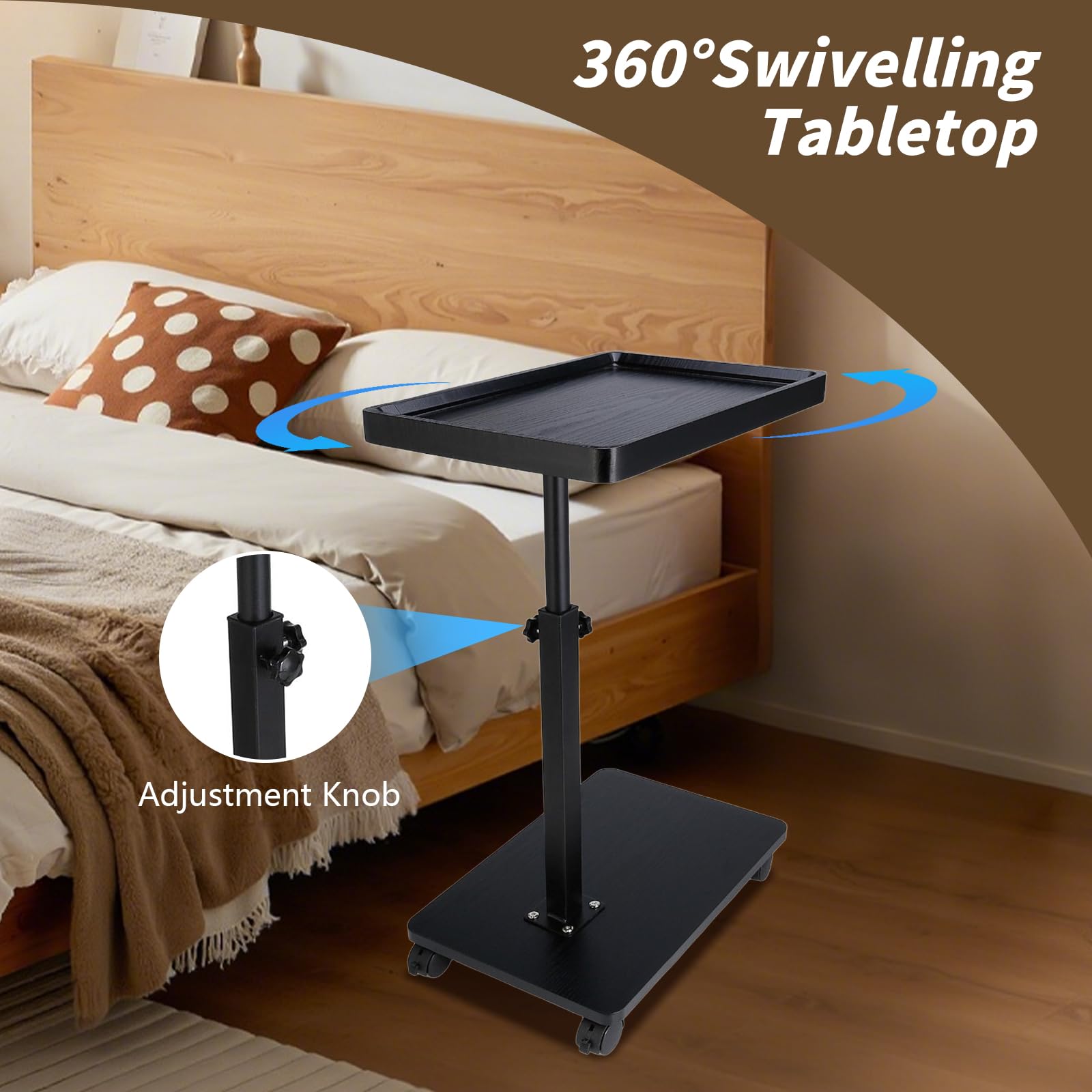 XUDREZ Adjustable Side Table, C Shaped Small Table with 4 Wheels 364° Swivel Tray, End Table for Living Room Bedroom Sofa Small Spaces (Black)