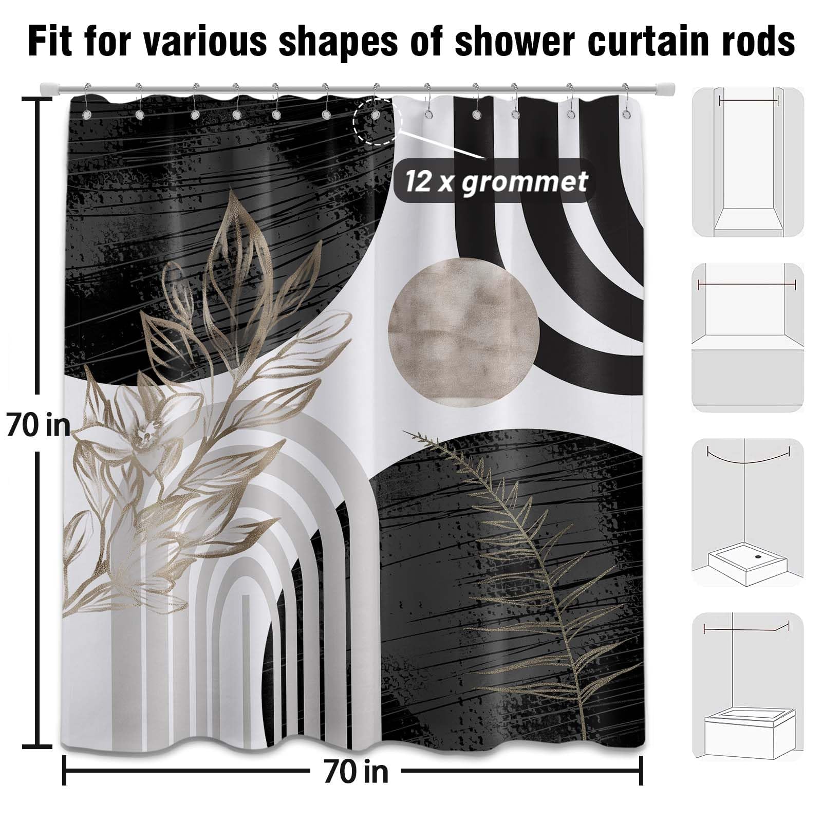 LanZanthic Black and White Shower Curtains for Bathroom Grey Boho Gray Modern Cool Mens Wet Room Shower Curtain with hooks, Mould Proof Resistant