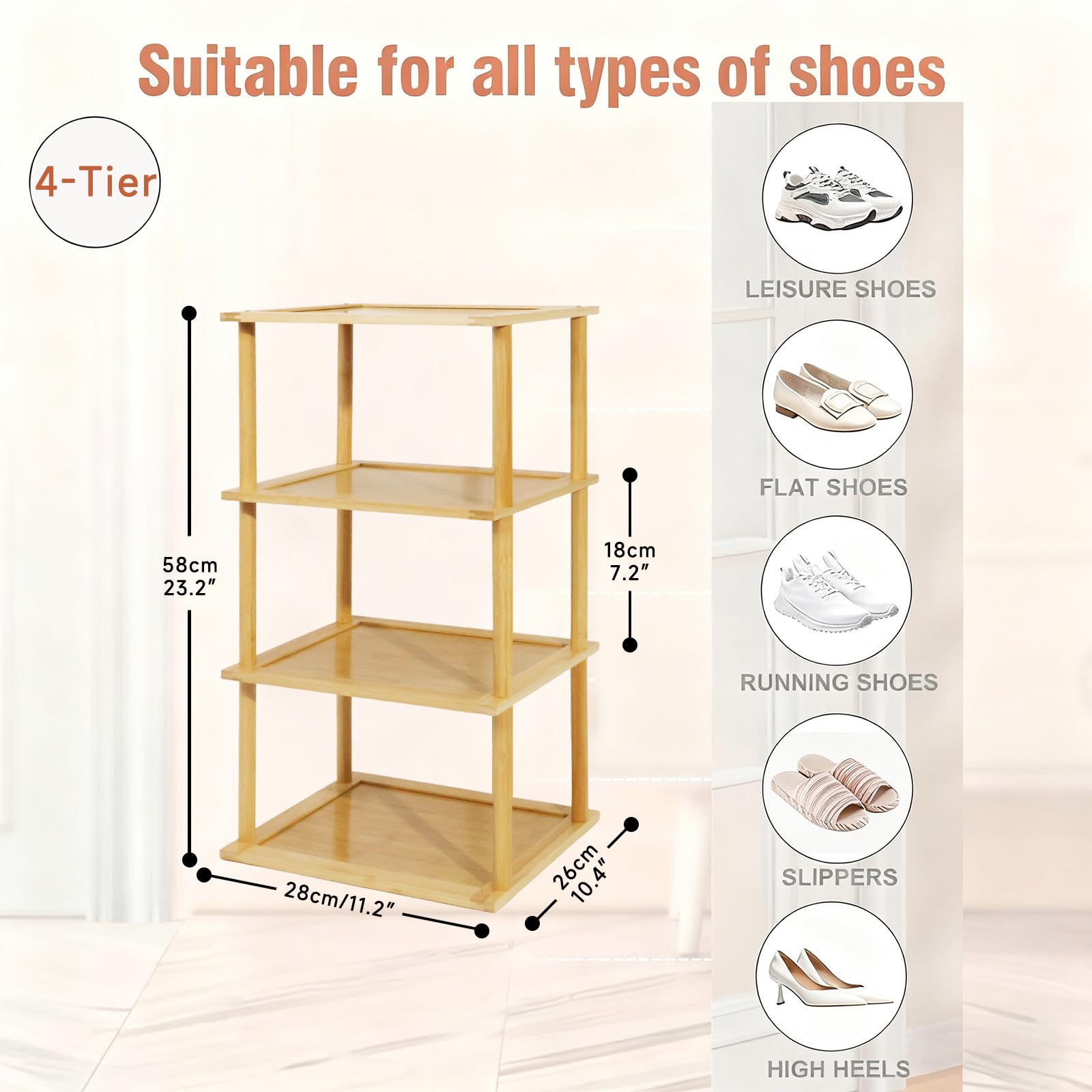 Aniston 4 Tier Small Shoe Rack Bamboo, Free Standing Slim Narrow Shoe Storage, Vertical Tall Shoe Shelf Organiser for Garage, Closet, Doorway, Corner