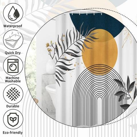 GCIREC Shower Curtain, 180x200cm, Navy Blue Yellow Boho Mid Century Modern Abstract with Minimalist Leaf Waterproof Fabric Machine Washable Bathroom