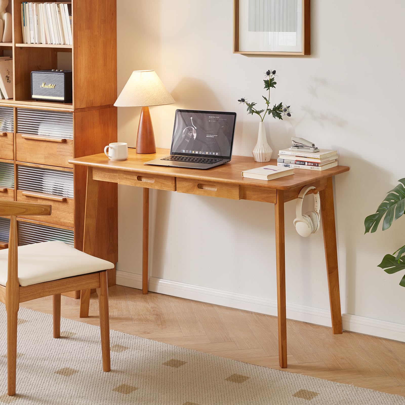 Aibiju Wooden Computer Desk with Drawer and Hanging Rod, Modern Minimalist Style PC Laptop Computer Workbench with Solid Wood