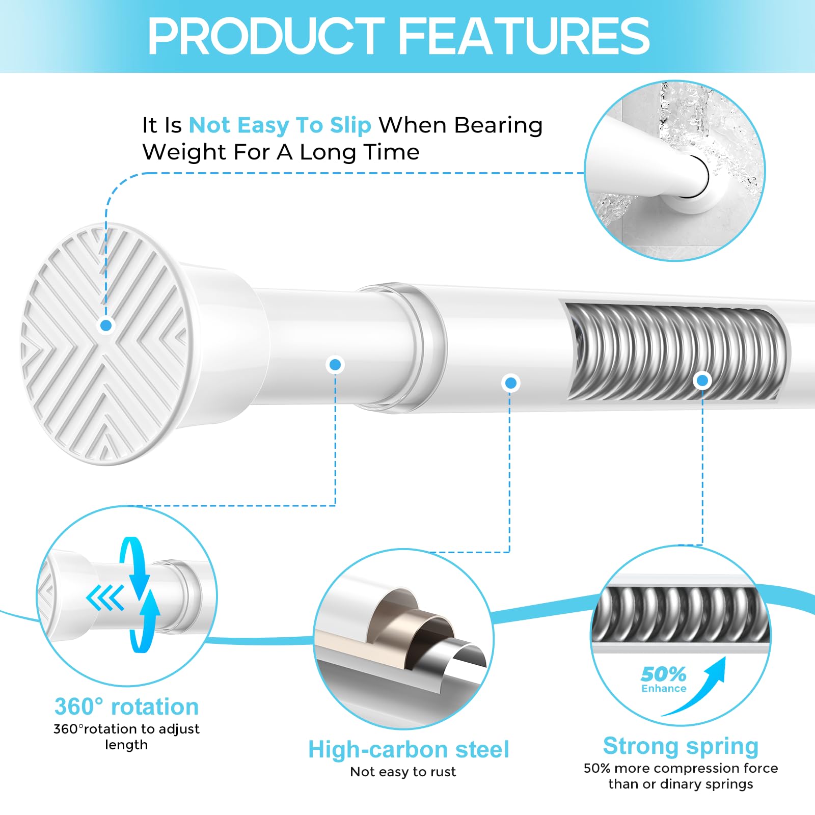 Zipglo Extendable Curtain Poles 59-120 cm, Tension Rods for Curtains Adjustable Shower Curtain Poles No Drilling Spring Loaded Curtain Rod Shower