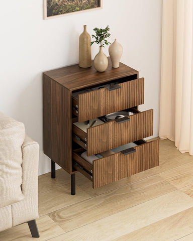 Apetaccat Bedside Table with 3 Drawers, Modern Bedside Cabniet with Metal Legs, Fluted Nightstand, Side Table for Bedroom, Living Room, Office, Walnut