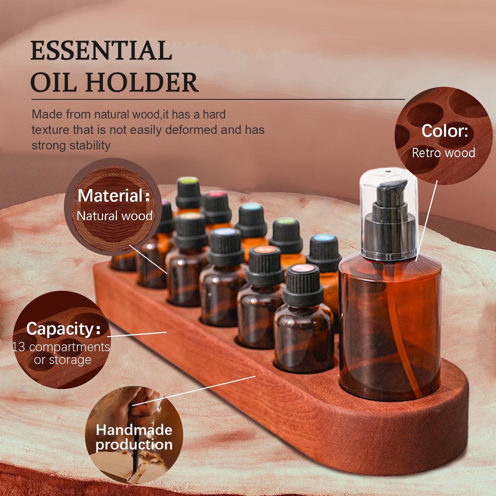Wisnewth Wooden Essential Oil Holder with 13 Holes (3cmx12 & 5cmx1), Retro Desktop Display Rack for Bathroom Vanity Desk Organizer