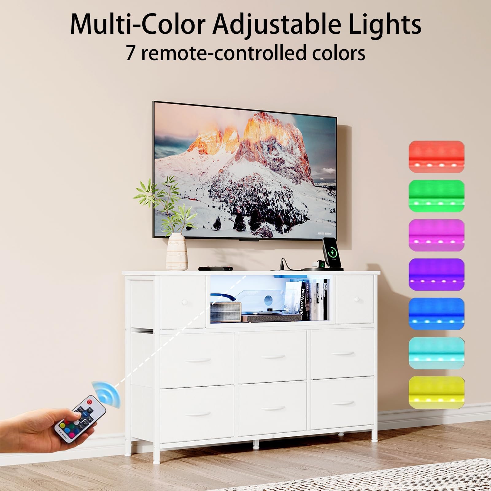 Flrrtenv Chest of Drawers, 8 Fabric Drawers Cabinet, 120CM TV Stand with Power Outlets and LED Lights for 55'' TV, for Bedroom Living Room & Entryway