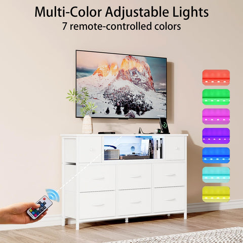 Flrrtenv Chest of Drawers, 8 Fabric Drawers Cabinet, 120CM TV Stand with Power Outlets and LED Lights for 55'' TV, for Bedroom Living Room & Entryway