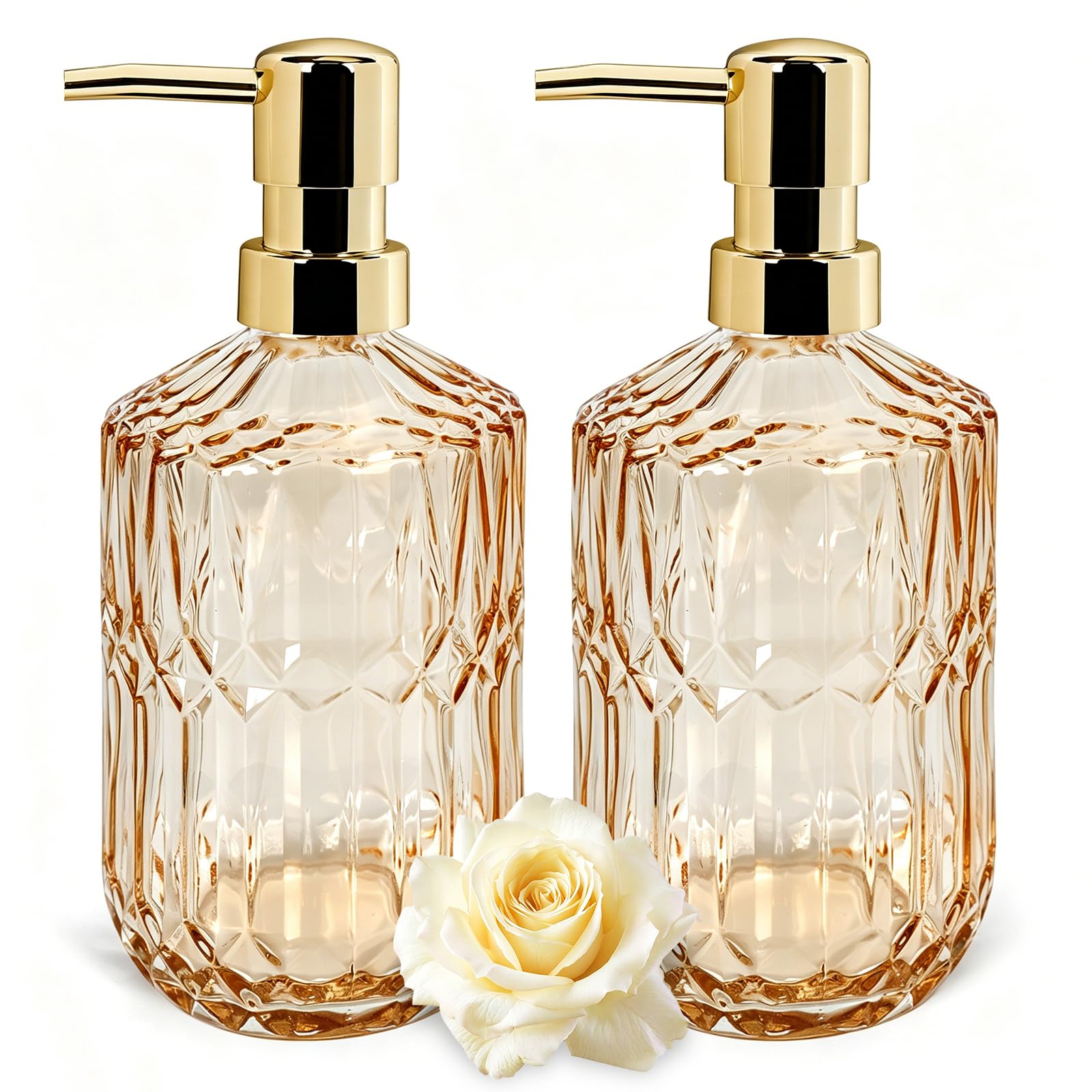 2 Pack Amber Glass Soap Dispenser 400ml | Thickened Non-Slip Pump