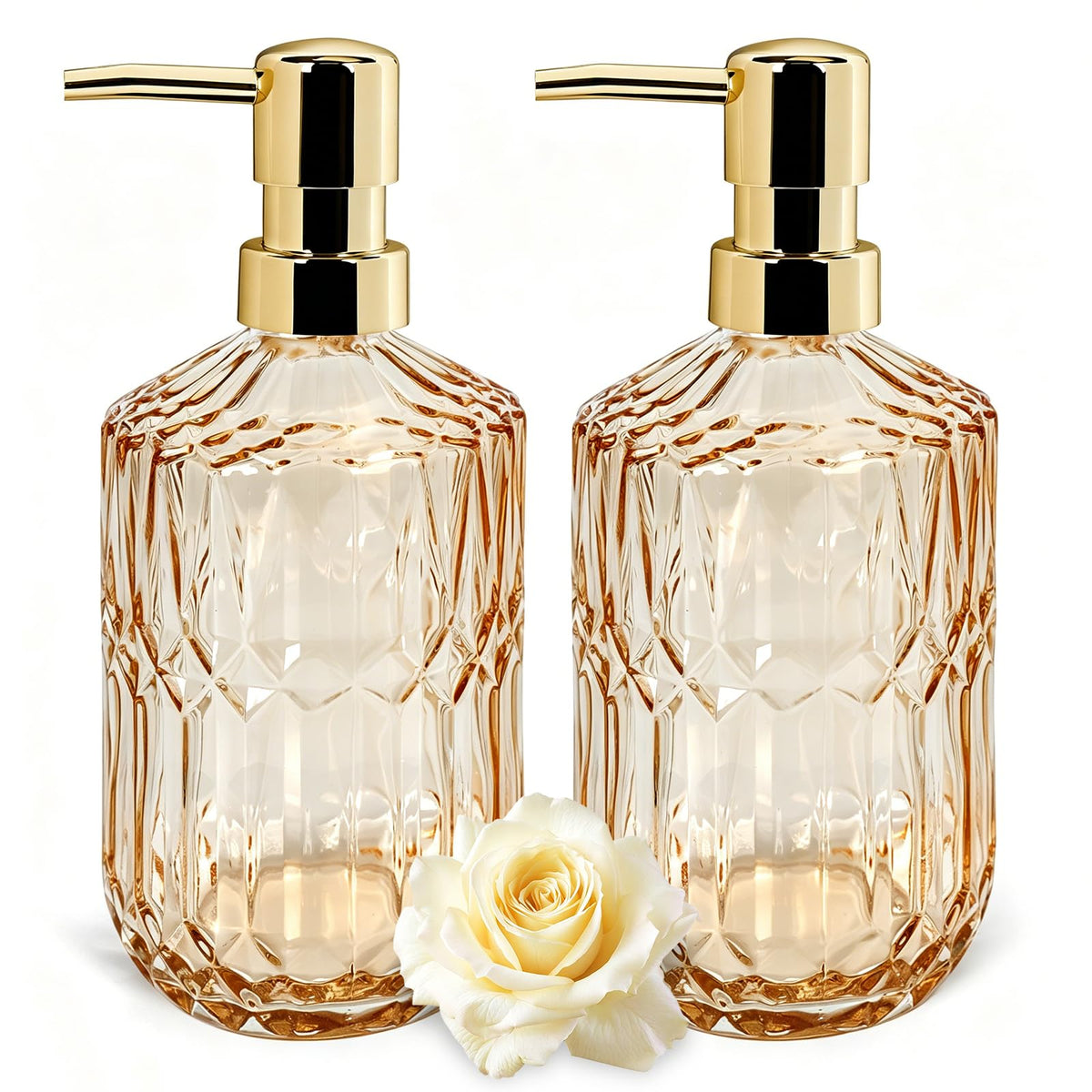 2 Pack Amber Glass Soap Dispenser 400ml | Thickened Non-Slip Pump