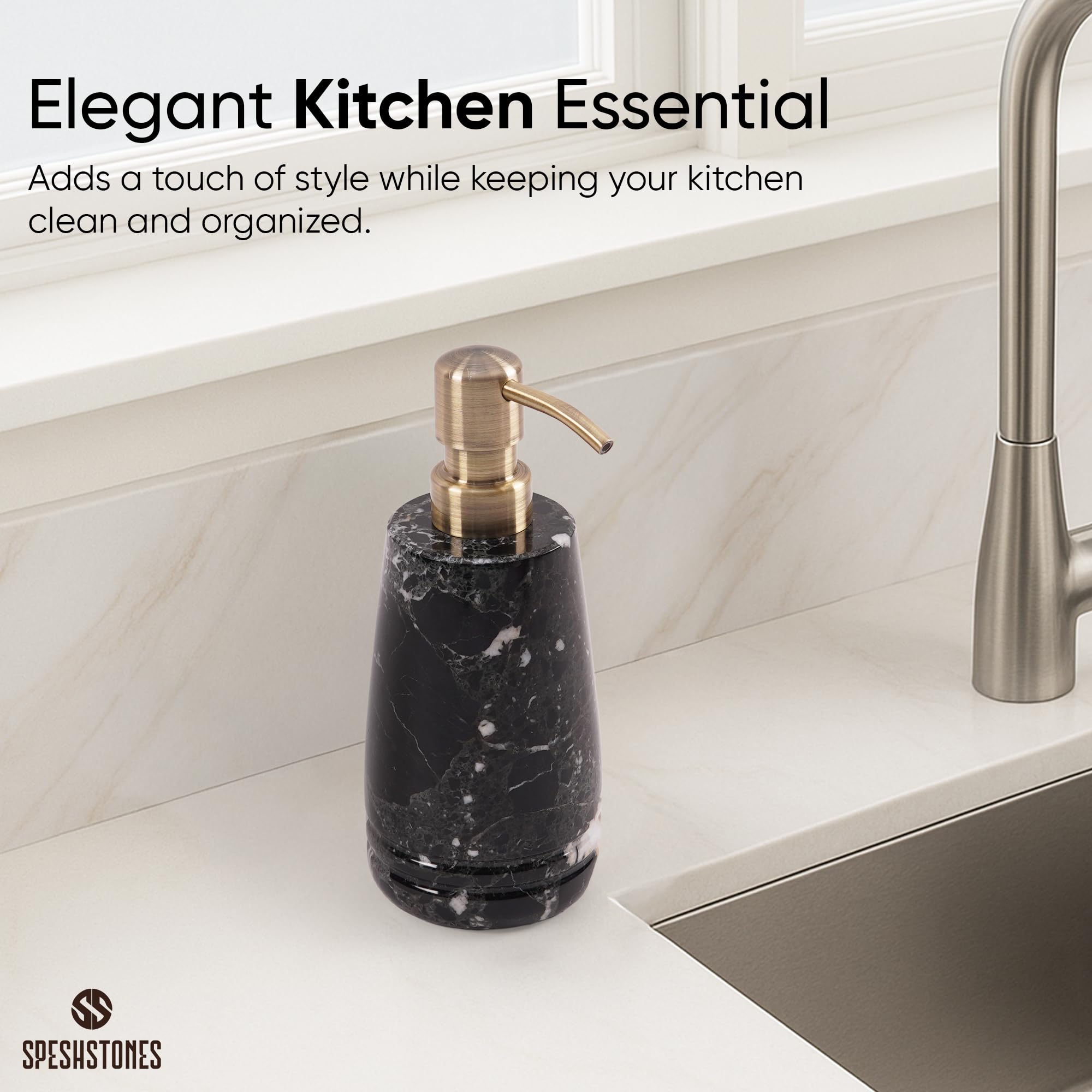 SPESHSTONES Marble Soap Dispenser 7.5 inches Black for Liquid Hand and Dish Soap for Kitchen Sink - Container for Sanitizer, Lotion