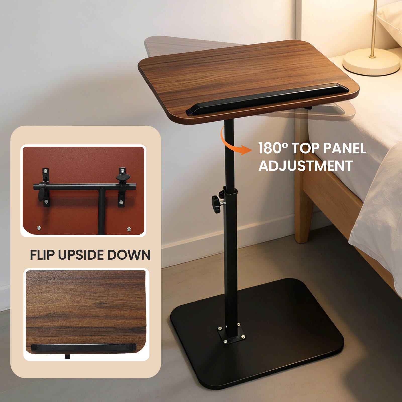 Vixtte 360° Rotating Coffee Table with Slots, Adjustable Height C-Shaped Side Table, Multi-Functional Sofa Side Table and Bed Table (Walnut Color)