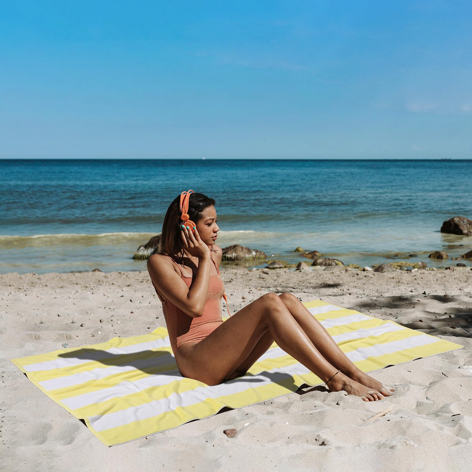 Ouxiaobai Cotton Oversized Beach Towel - Extra Large 180 x 100 CM Soft Absorbent Pool Towel for Adults, Striped Cabana Swim Towel (Yellow)