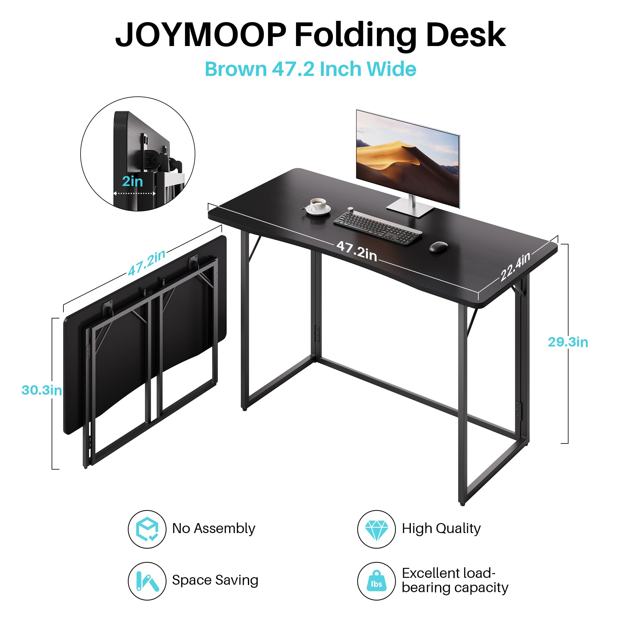 JOYMOOP Black 47.2" Folding Desk, No Assembly Small Foldable Desk for Home, Office, Wooden Top Folding Computer Desk for Working, Writing, Studying