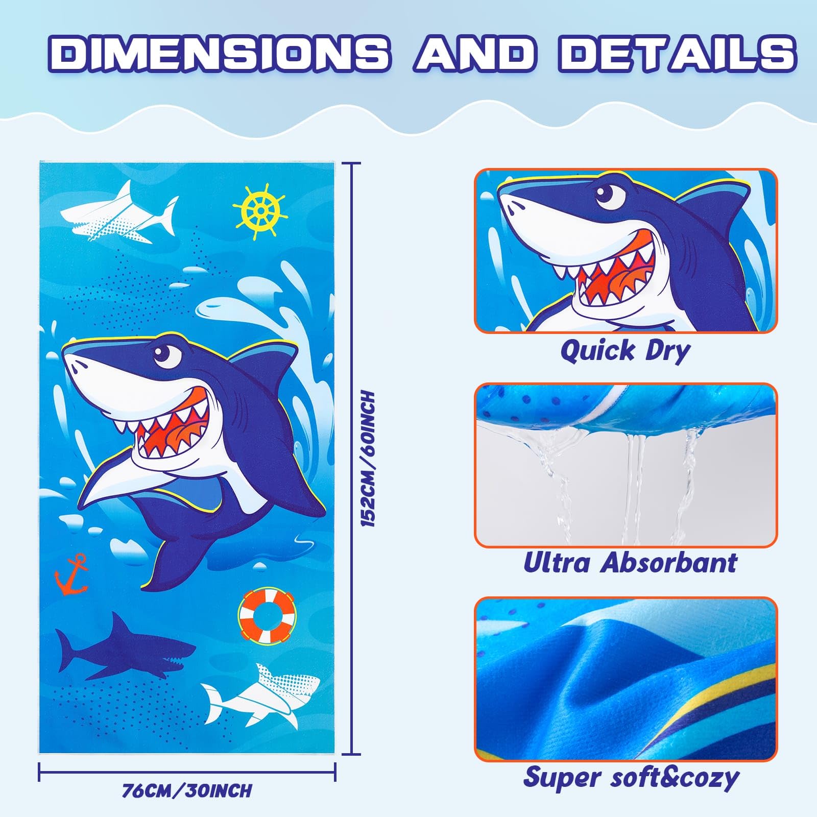 WERNNSAI Shark Microfibre Beach Towel for Kids, 76 x 150cm Bath Towel