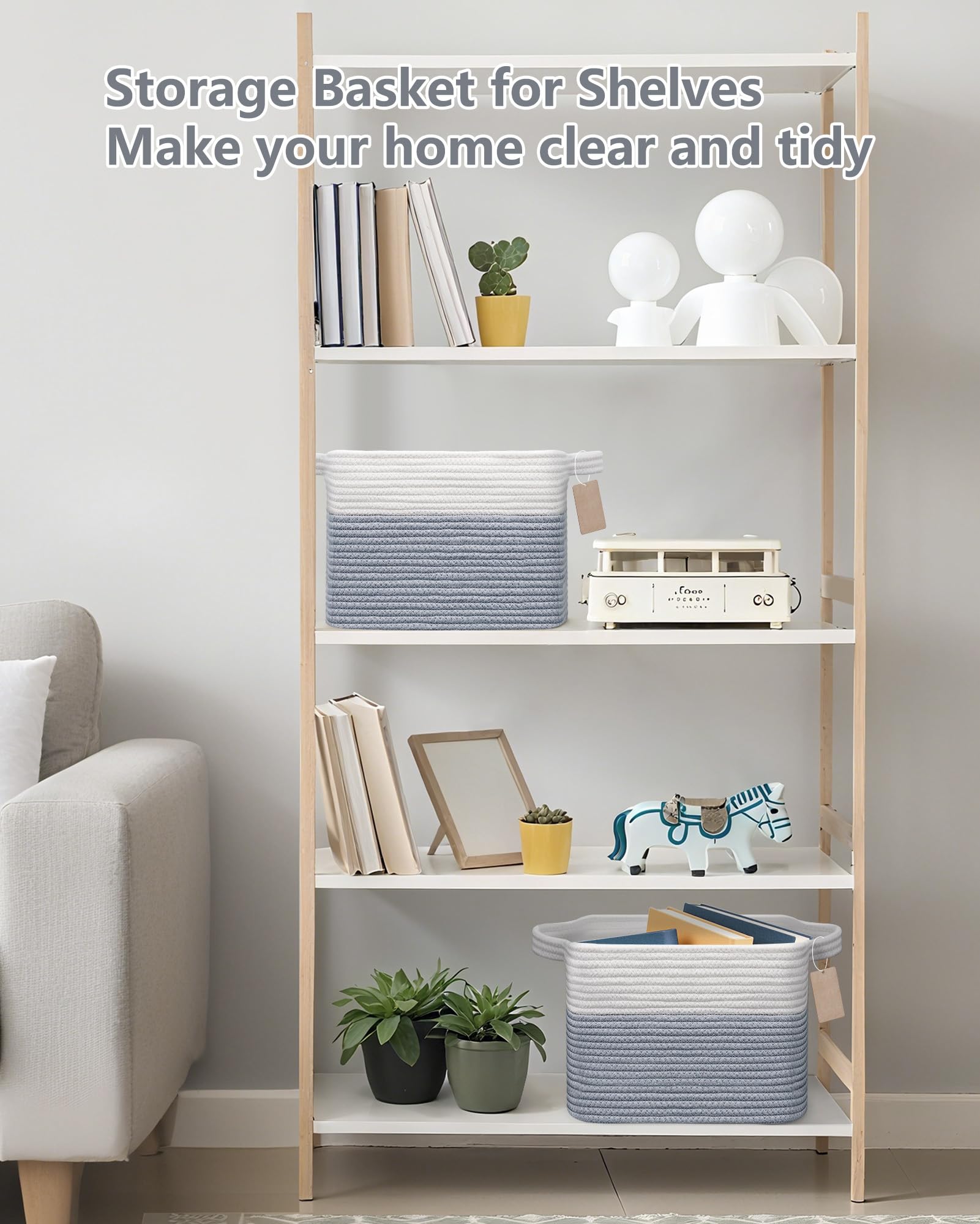 JOJOSEE Small Cotton Woven Storage Basket for Shelves, White&Grey,3PCS