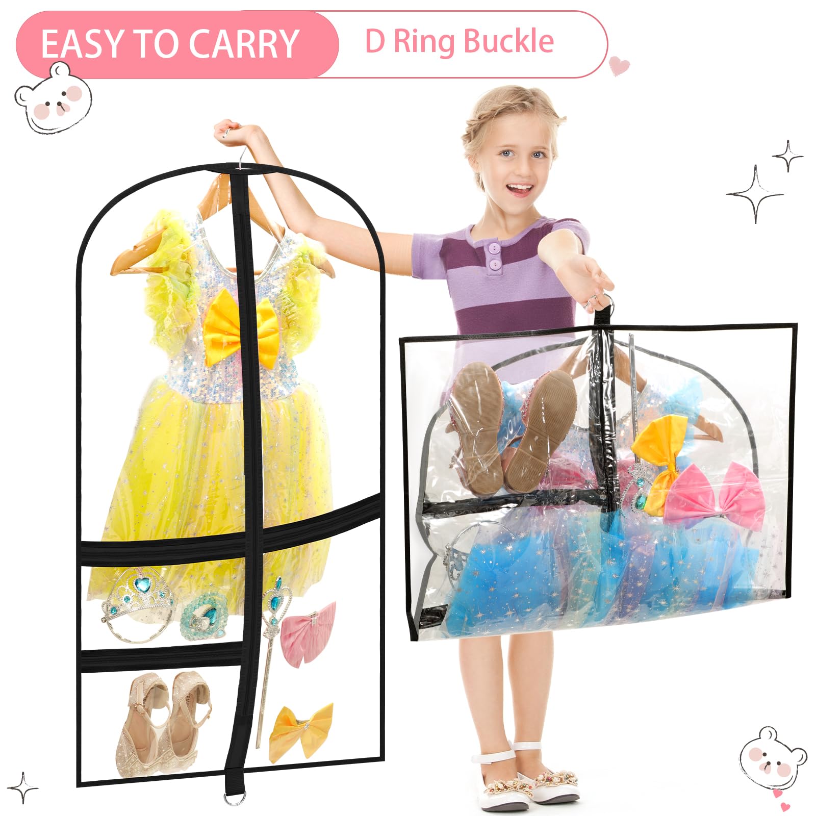 4 Pack Clear Dance Garment Bags 40" Dance Costume Bags with 3 Pockets,Black