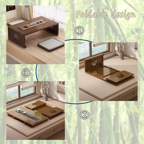 JIANCNGU Bamboo Chinese Tea Floor Table Japanese Foldable Coffee Table Altar Table For Meditation Low Portable Collapsable Tatami Table for Living
