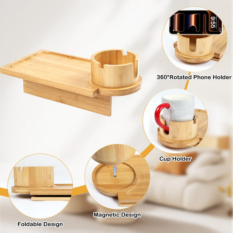 comfoyar Bamboo Couch Tray Insert for Middle Seat, Couch Gap Cup Holder Tray with 360° Rotating Cup and Phone Holder