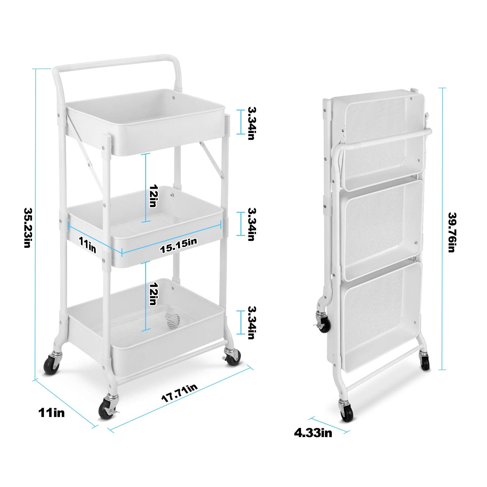 johgee Foldable 3 Tier Metal Utility Rolling Cart, Folding Mobile Multi-Function Storage Trolley Organizer Cart for Home Library