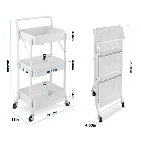 johgee Foldable 3 Tier Metal Utility Rolling Cart, Folding Mobile Multi-Function Storage Trolley Organizer Cart for Home Library