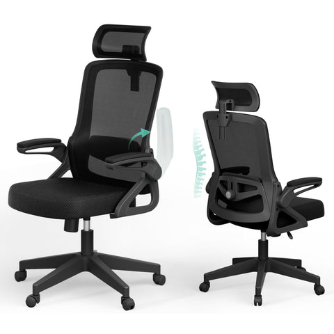 Ergonomic Office Chair, S-Shaped Mesh Desk Chairs, Adjustable Headrest & Lumbar Support, 90°Flip-Up Armrest