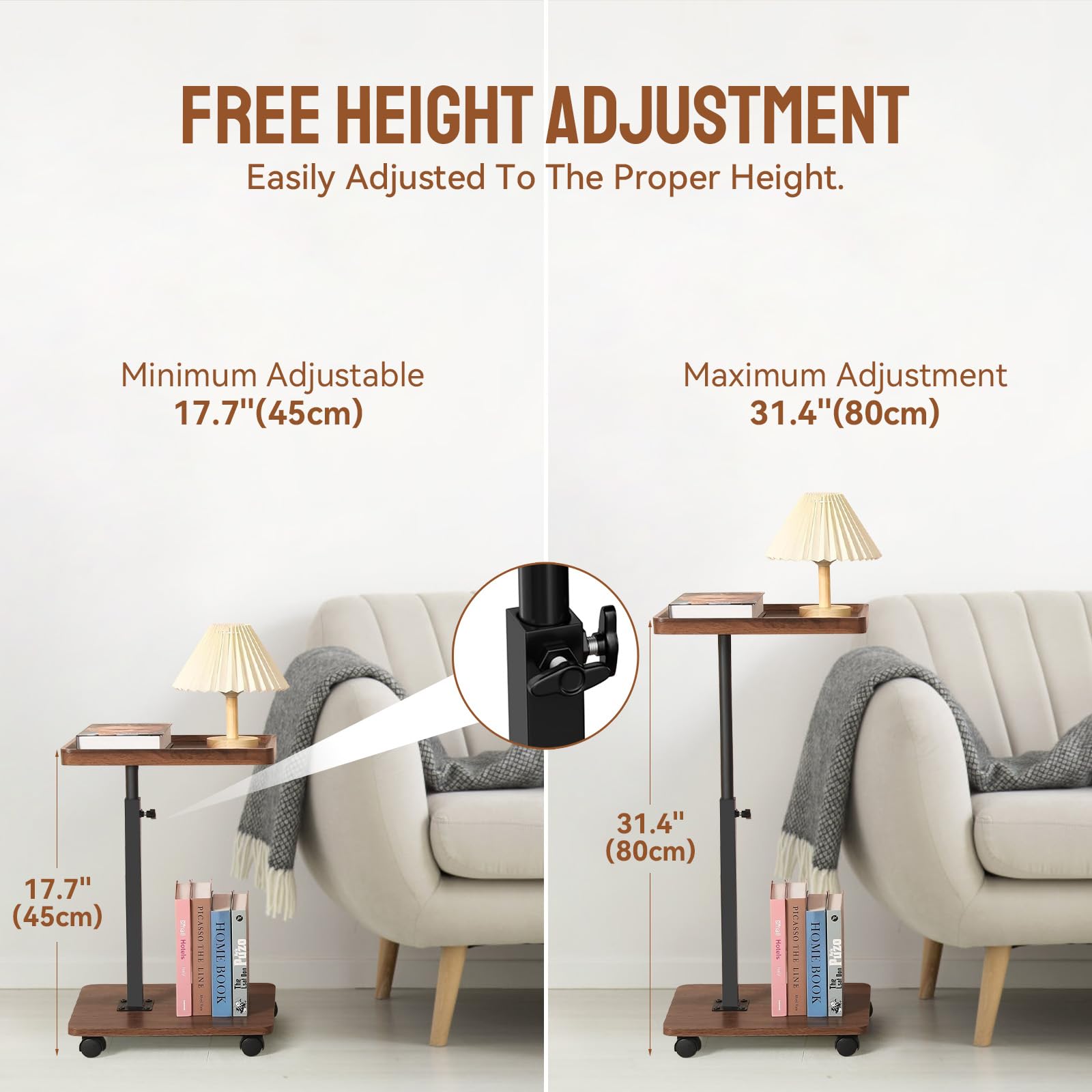 YYW Adjustable C Shaped Side Table with Wheels, 360° Swivel Sofa Table