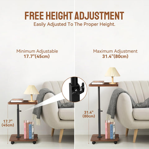 YYW Adjustable C Shaped Side Table with Wheels, 360° Swivel Sofa Table