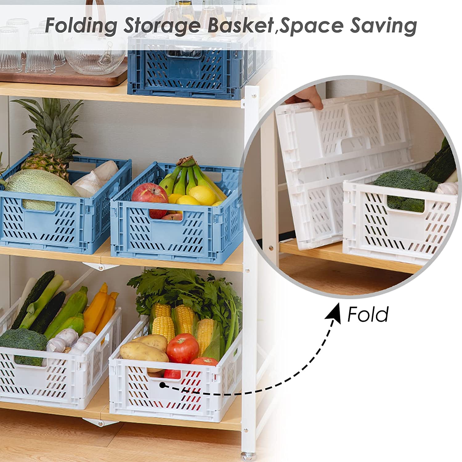 Bossjoy 4 Pack Plastic Storage Crates Foldable Shelf Storage Basket Bins for Food Fruit Vegetables Snacks Toys Toiletries