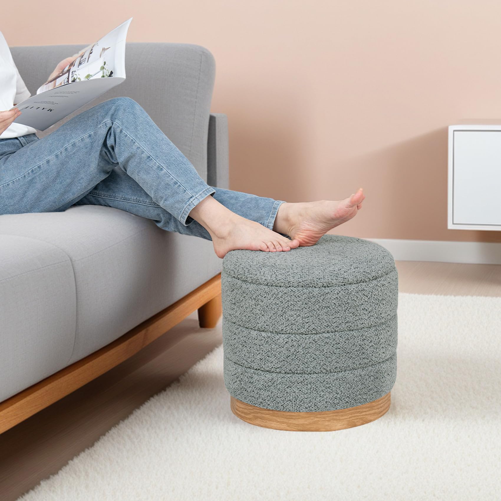 PINPLUS Round Chenille Storage Ottoman, Tray Top, 39x39x37 cm, Grey