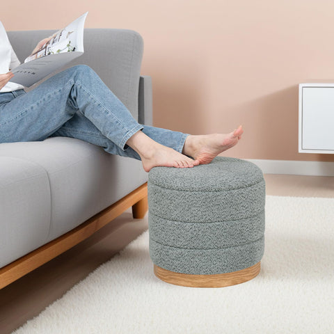 PINPLUS Round Chenille Storage Ottoman, Tray Top, 39x39x37 cm, Grey