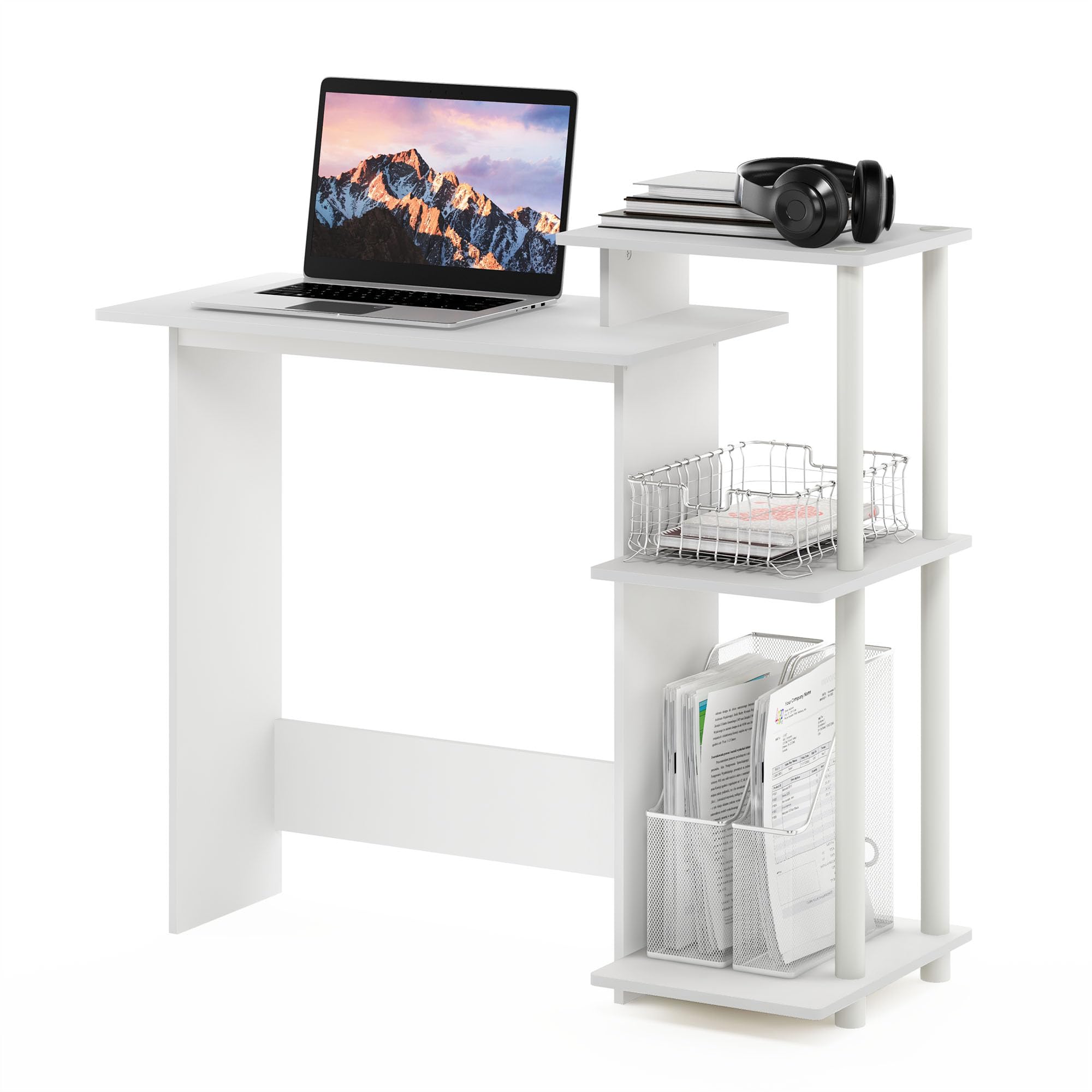 Furinno EFFICIENT Desk, Gaming Desk, with 3 Open Side Shelves, Laptop Notebook Computer Desk,Office Desk for Home Office, Study Room, Dorm, White