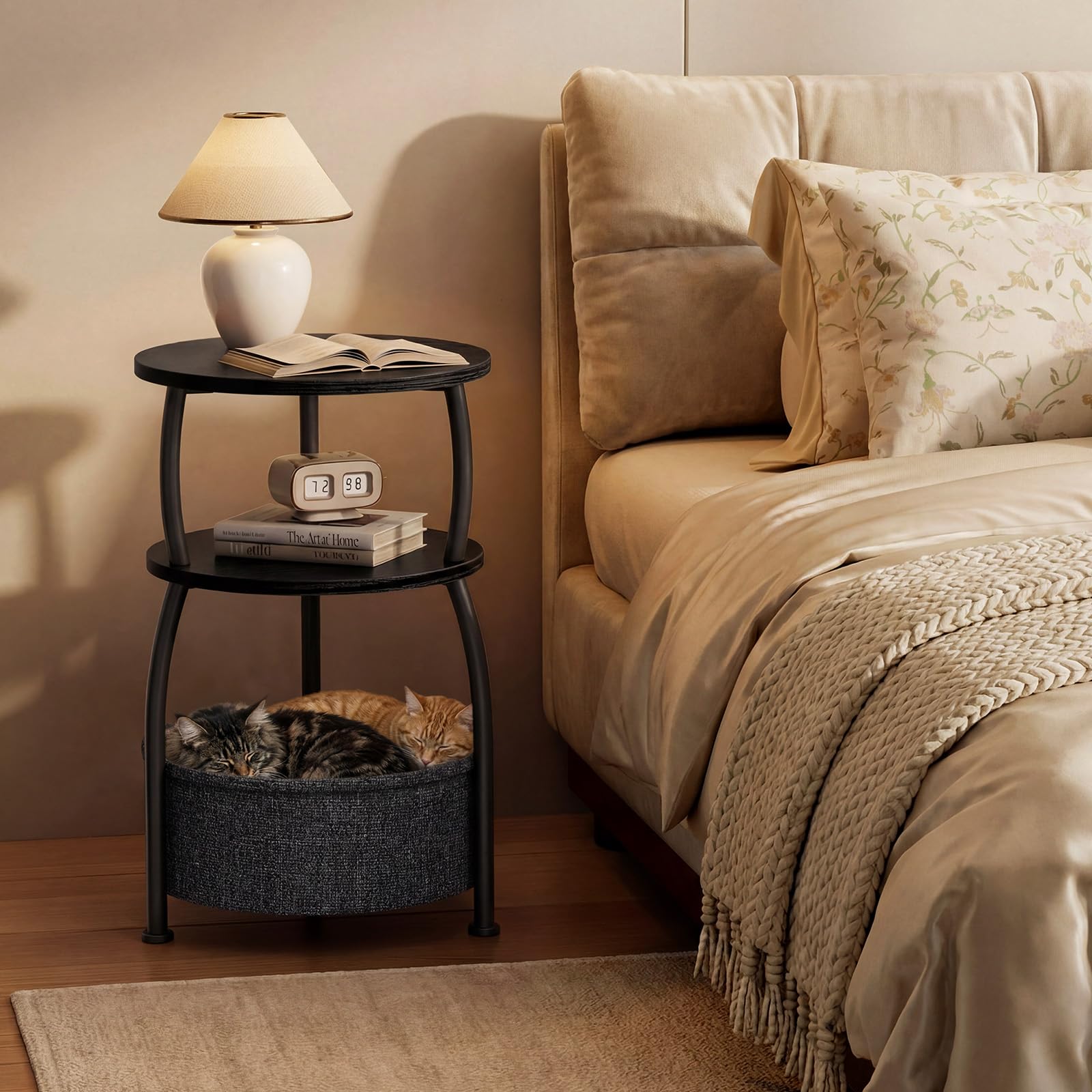 Yuede Side Table with Fabric Basket, Round End Table, 3 Tier Bedside Table, Coffee Table for Living Room, Bed Room, Modern, 40 x 61 cm, Black