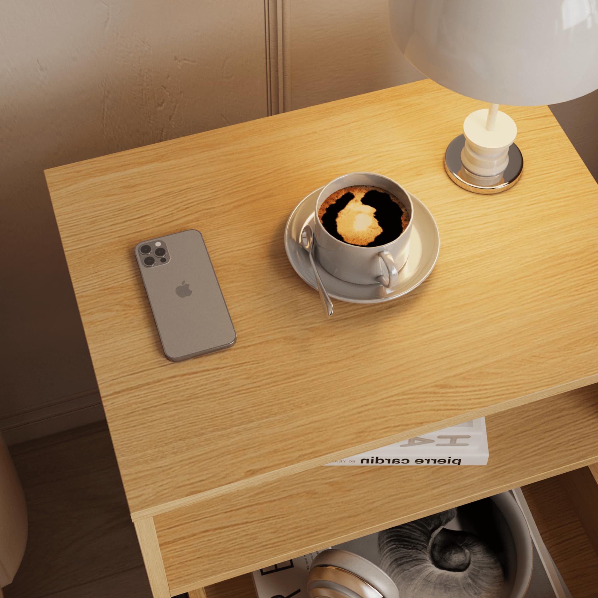 JERX Rattan Bedside Table, Farmhouse Nightstand with 2 Storage Drawer and Open Wood Shelf, for Bedroom and Small Spaces