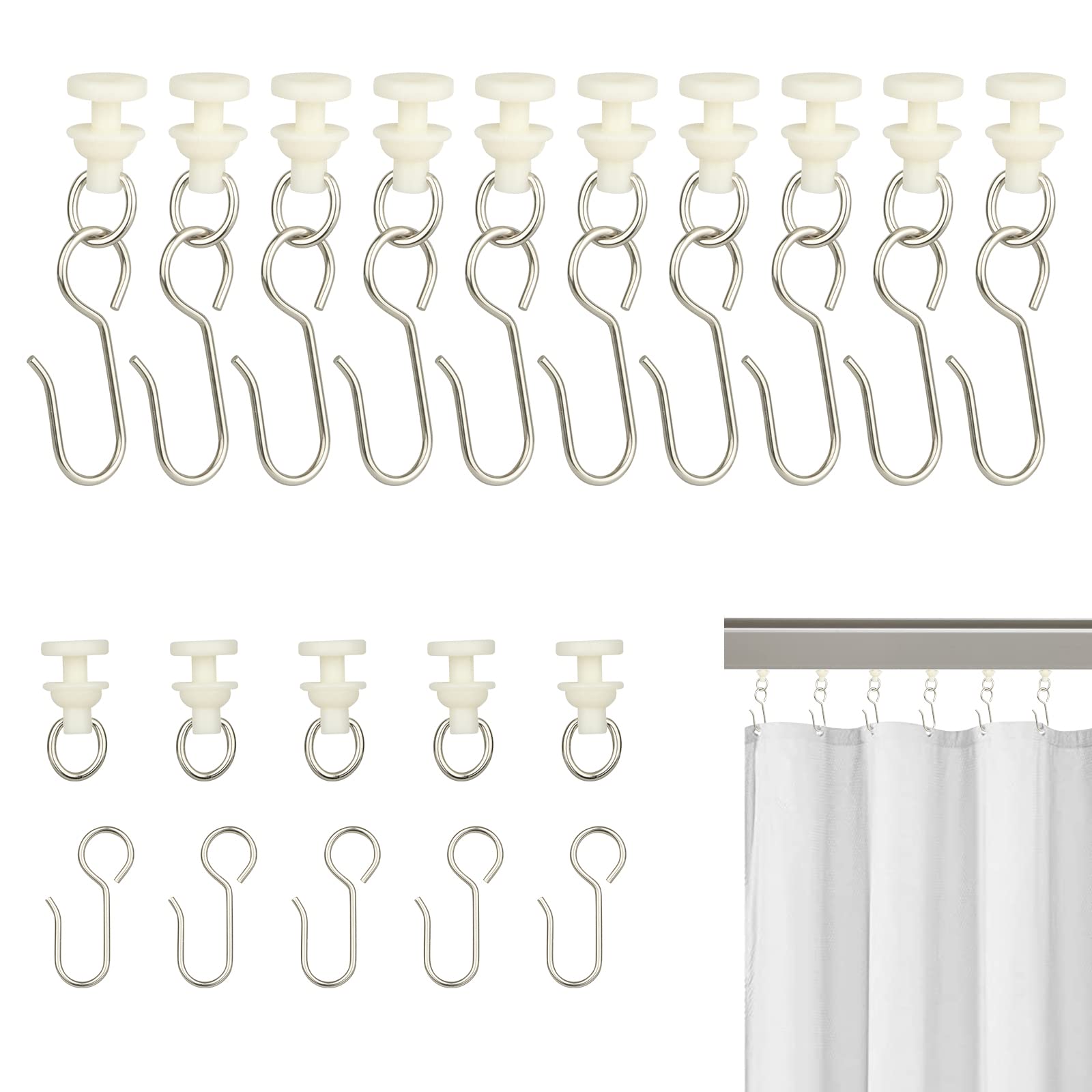 80Pcs Curtain Hooks and Gliders Set,40 Shower Curtain Hooks&40 Rail Gliders