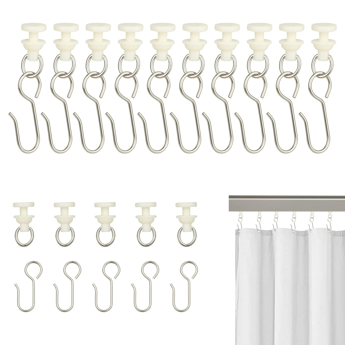 80Pcs Curtain Hooks and Gliders Set,40 Shower Curtain Hooks&40 Rail Gliders