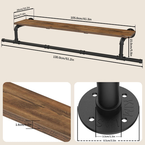 YheenLf Wall Mounted Clothes Rail, Industrial Clothing Rack, 130x26x15cm