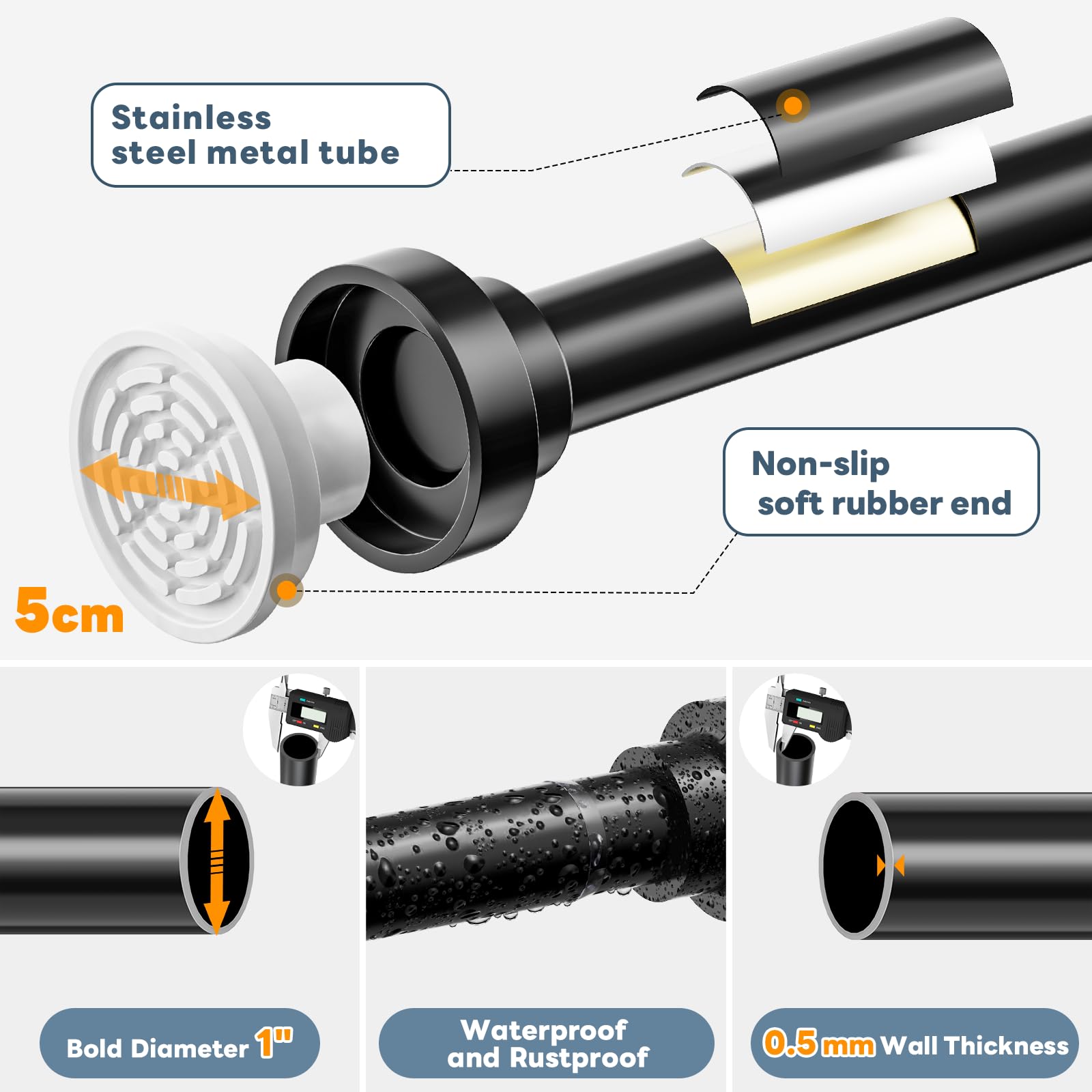 Abiglifty Black Shower Curtain Pole, 84-135cm Stainless Steel Extendable Curtain Poles, Shower Curtain Rail No Drilling, Non Slip, No Rust
