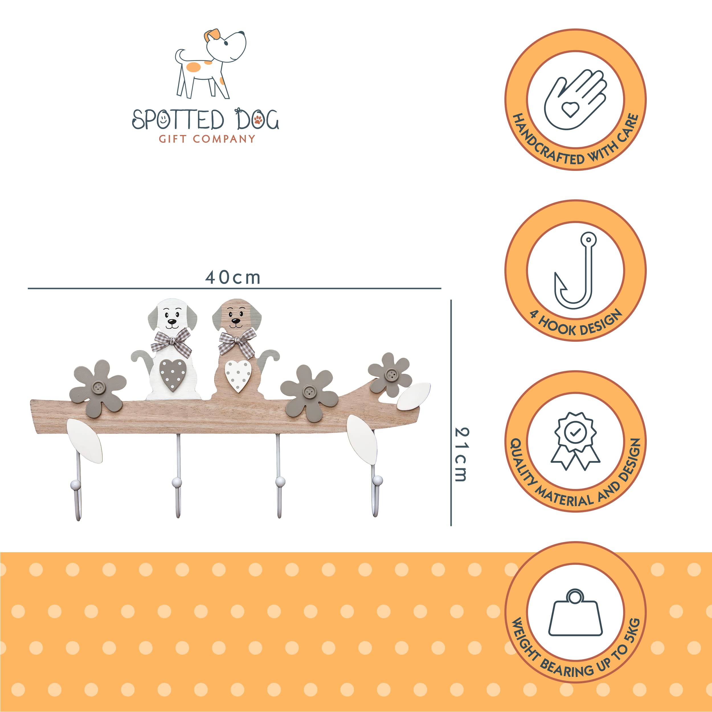 SPOTTED DOG GIFT COMPANY Coat Hooks Wall Mounted Coat Rack, Cute Decorative Wooden 4 Hook Wall Hanger for Clothes Keys Leads