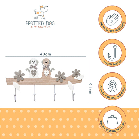 SPOTTED DOG GIFT COMPANY Coat Hooks Wall Mounted Coat Rack, Cute Decorative Wooden 4 Hook Wall Hanger for Clothes Keys Leads