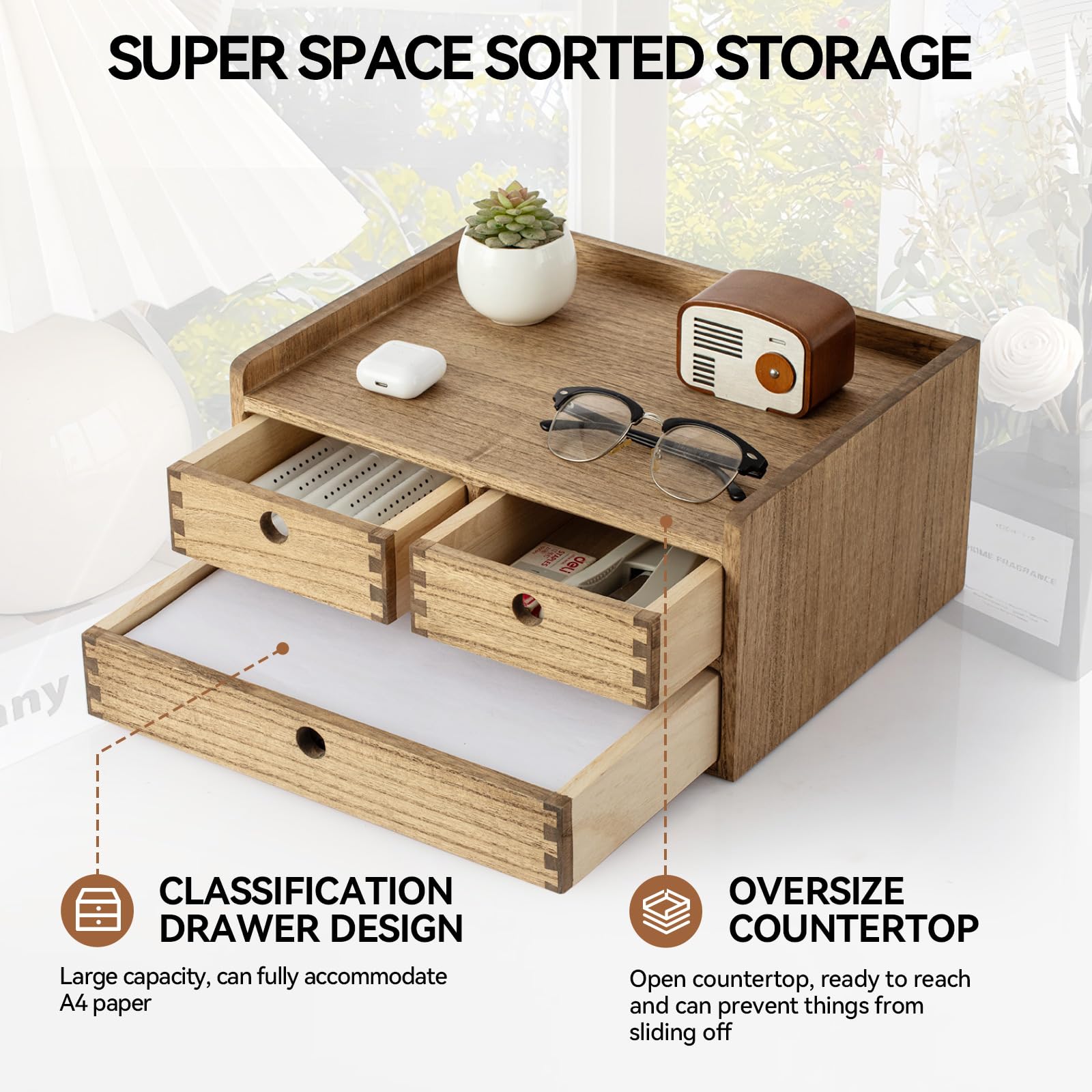 KIRIGEN Wooden Desk Organiser with 3 Drawers and Shelf, Brown