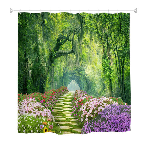 goodbath Garden Shower Curtain, 3D Outdoor Shower Curtains Forest Trees Rose Flowers Floral Anti Mould Waterproof Bath Curtains for Bathroom Wetroom