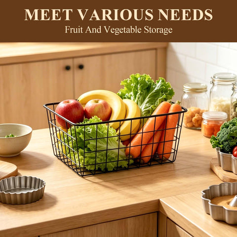 2 Metal Wire Storage Basket with Handles for Kitchen Cabinet Bedroom Bathroom Heavy Duty Rust Resistant Mesh Design Ideal for Organizing Household