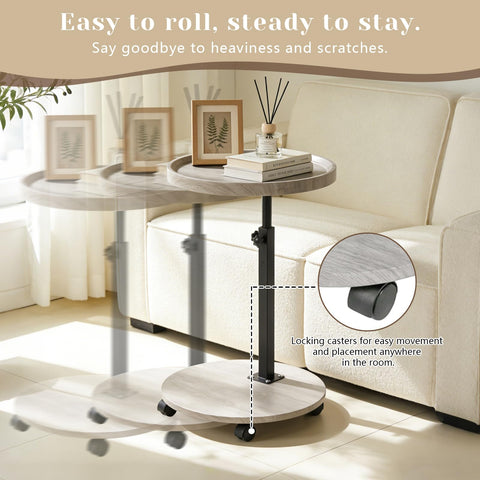 YYW C Shaped End Table Adjustable Height, Couch Tables That Slide Under for Small Spaces, 360°Swivel TV Tray Table