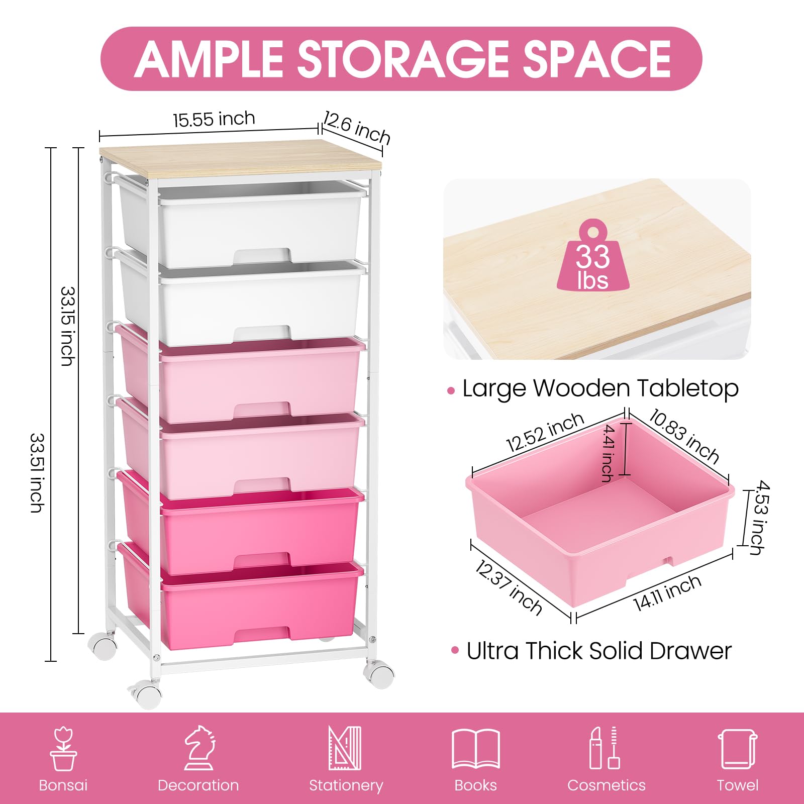 6-Drawer Craft Organizer Trolley Cart with Wooden Top, Pink