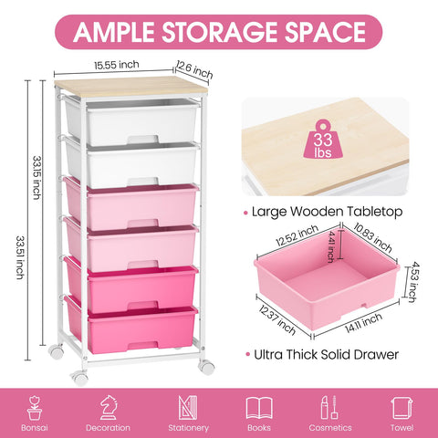 6-Drawer Craft Organizer Trolley Cart with Wooden Top, Pink