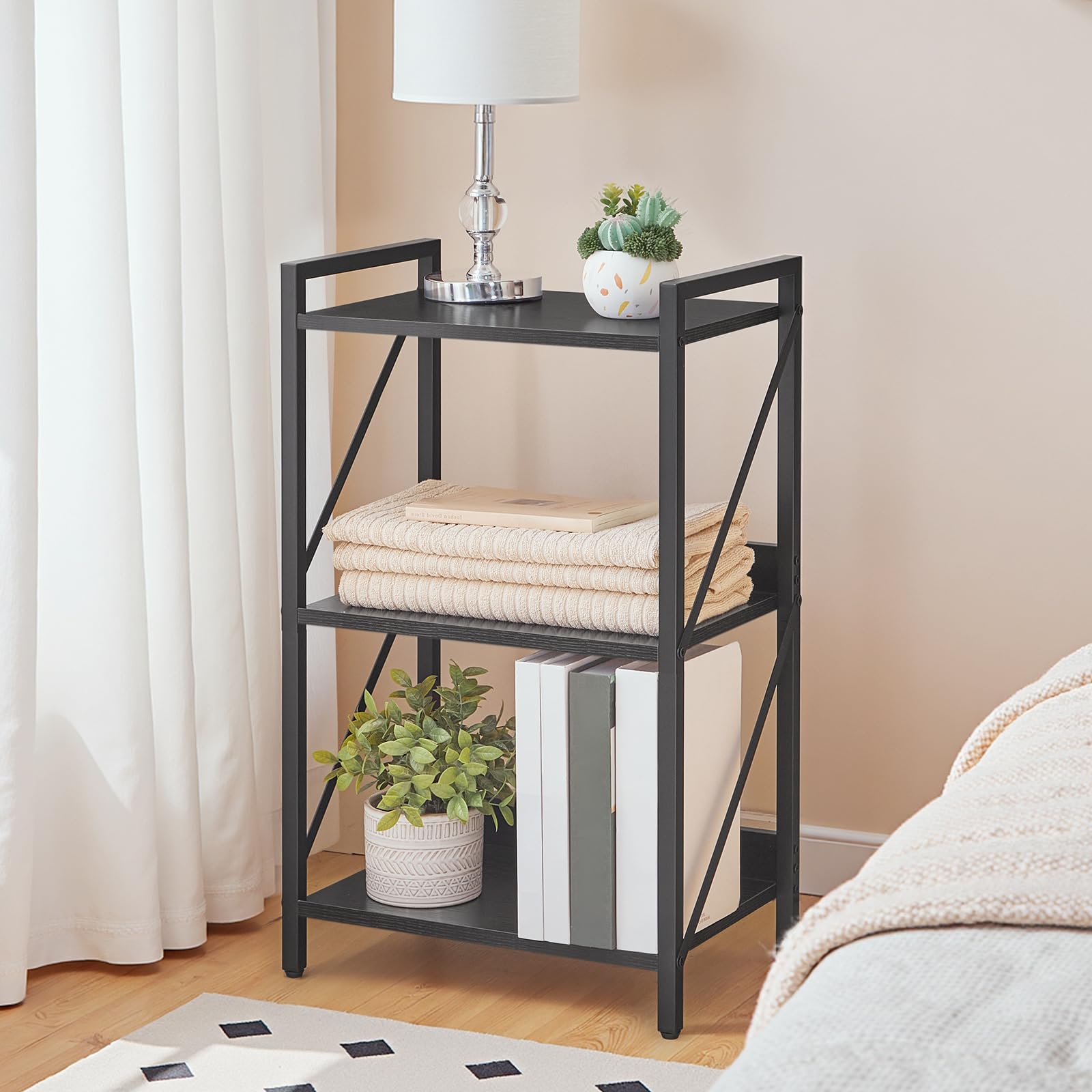 HOOBRO 3-Tier Bookshelf, Industrial Corner Bookcase, Display Rack, Metal Frame, for Living Room, Bedroom, Office, Kitchen, Entryway, Black EBB71SJ01